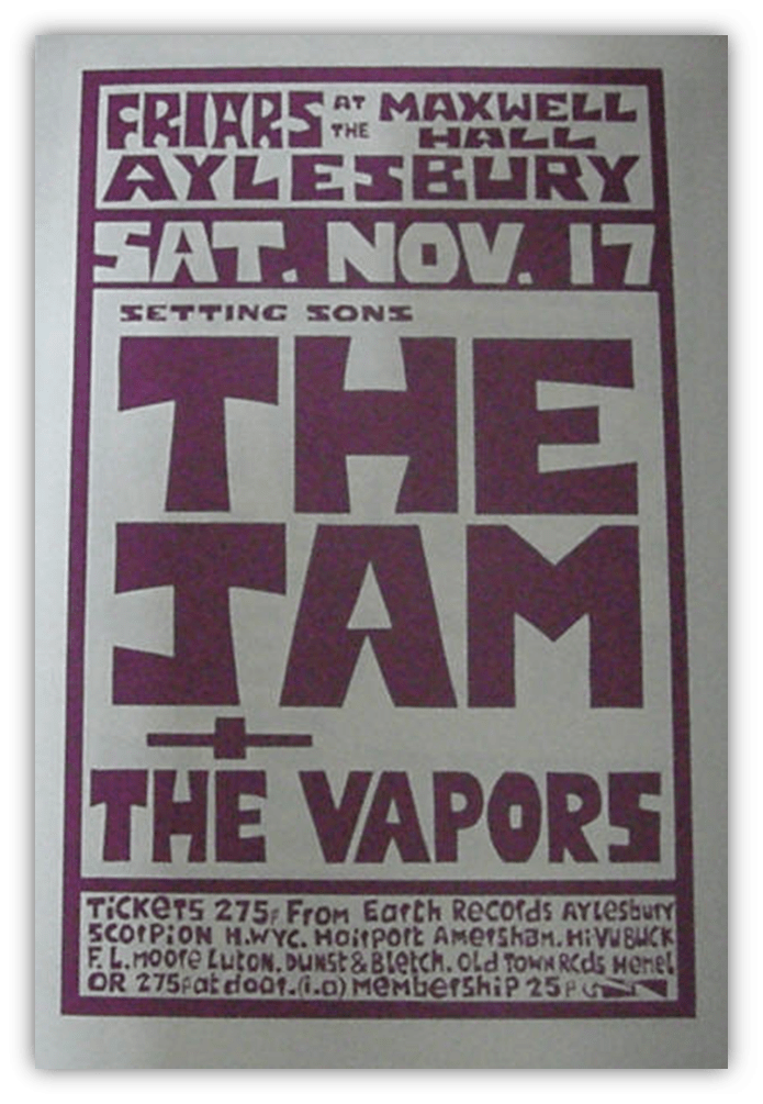 "Vintage concert poster for The Jam and The Vapors at Friars, Aylesbury, November 17."