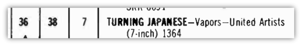 Alt text: "Turning Japanese by The Vapors, 7-inch vinyl record, United Artists."
