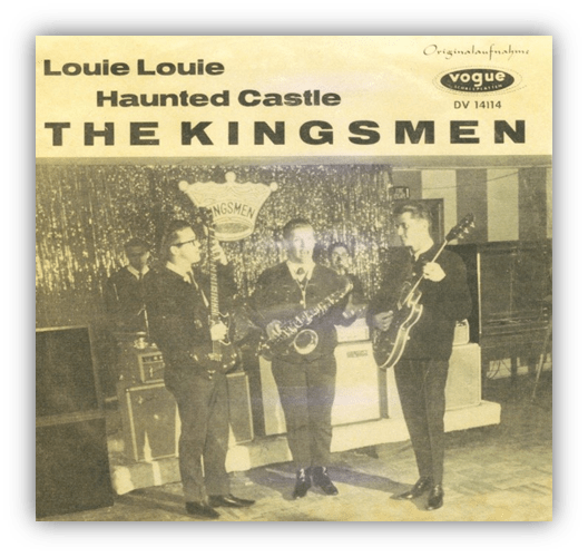 The Kingsmen performing "Louie Louie" on vintage album cover.