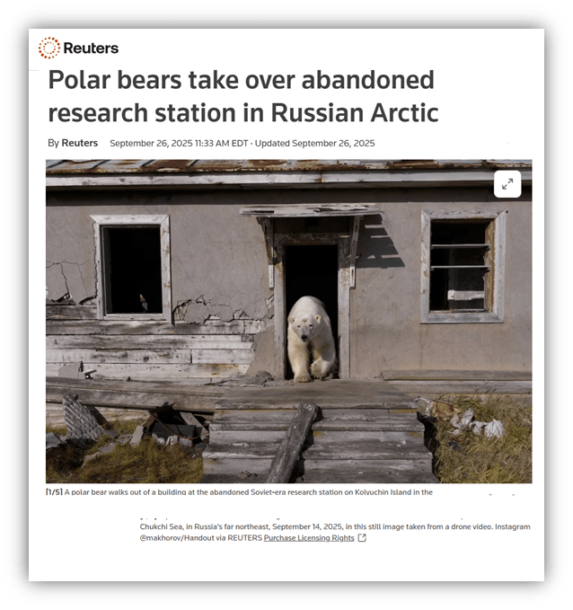 "Polar bear exits abandoned Soviet research station in the Russian Arctic."
