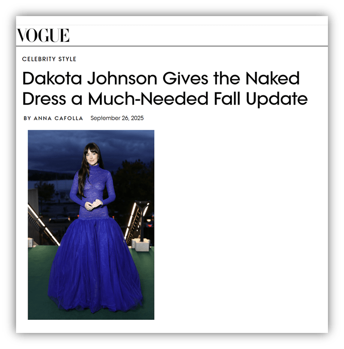 "Dakota Johnson in a stylish blue naked dress at a fall event."