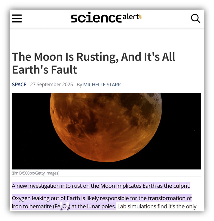 "Close-up of the Moon highlighting rust formation due to Earth's oxygen leakage."