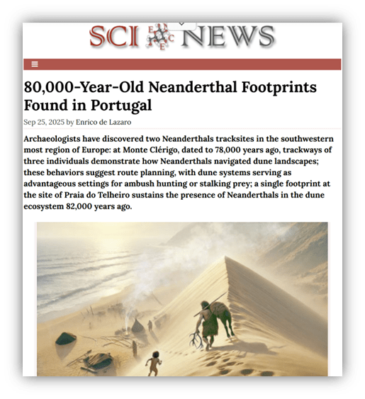 "Illustration of Neanderthal footprints discovered in Portugal, showcasing ancient human activity in dune landscapes."