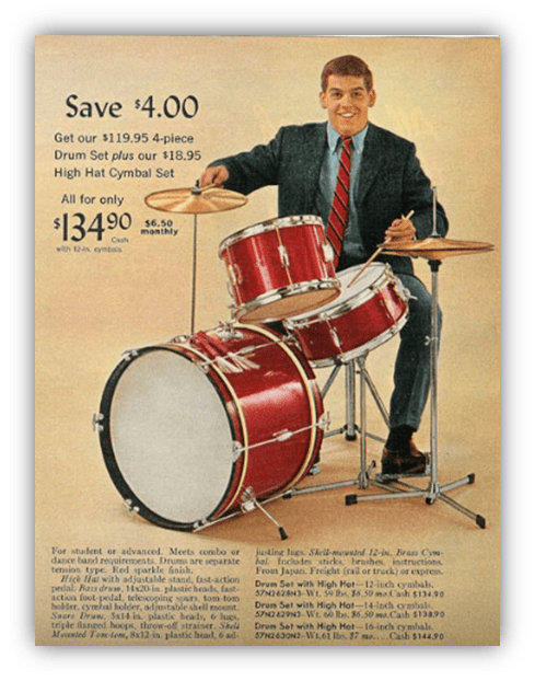 "Vintage advertisement featuring a man playing a red 4-piece drum set and high hat cymbals, priced at $134.90."