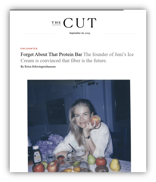 "Article cover featuring Jeni's Ice Cream founder with fresh fruits, discussing fiber's future."