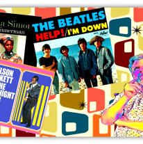 "Collage of classic album covers featuring Nina Simone, The Beatles, and Wilson Pickett with a retro background."