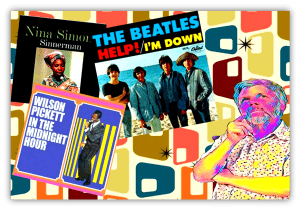 "Collage of classic album covers featuring Nina Simone, The Beatles, and Wilson Pickett with a retro background."