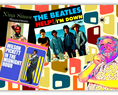 "Collage of classic album covers featuring Nina Simone, The Beatles, and Wilson Pickett with a retro background."