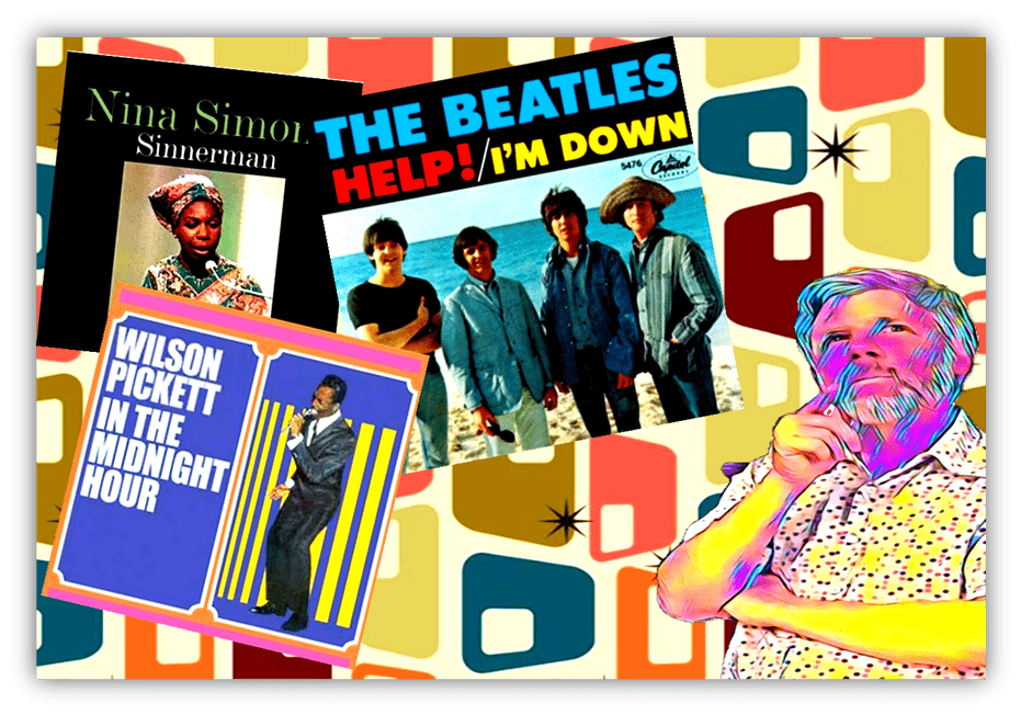 "Collage of classic album covers featuring Nina Simone, The Beatles, and Wilson Pickett with a retro background."