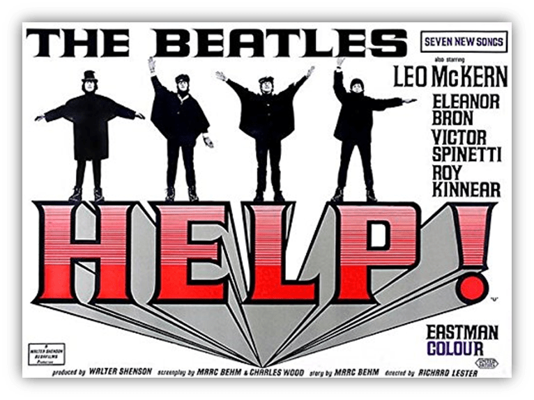 Alt text: "The Beatles movie poster for 'Help!' featuring the band members in black suits with bold text."
