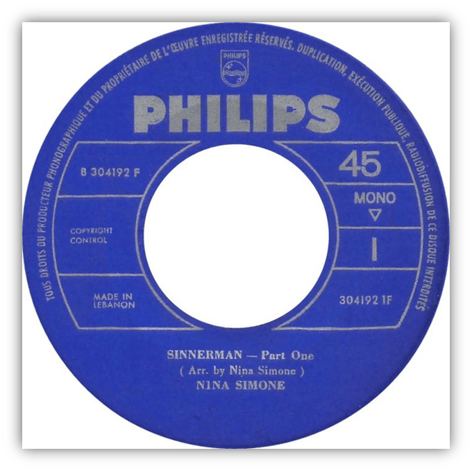 Alt text: "Philips 45 RPM vinyl record label for 'Sinnerman' by Nina Simone."