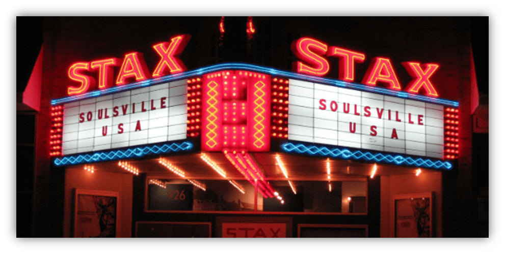 "Stax Theatre marquee showcasing 'Soulsville USA' in vibrant neon lights."
