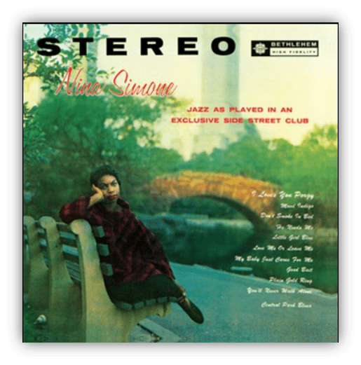 "Nina Simone album cover featuring jazz music, serene park setting, and song titles."