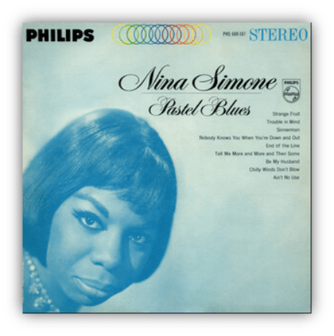 "Album cover of Nina Simone's 'Pastel Blues' featuring a vintage design and her portrait."