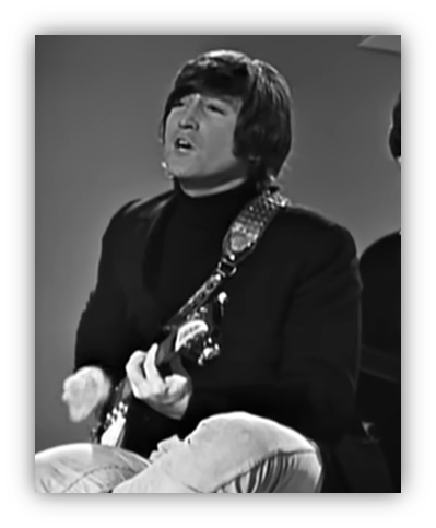 "John Lennon performing with a guitar in a classic black and white setting."