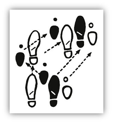 "Stylized black and white illustration of footsteps and directional arrows."