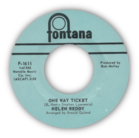 Alt text: "Helen Reddy's 'One Way Ticket' vinyl record label on Fontana."