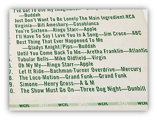 "Vintage music chart featuring top songs and artists from the 1970s."