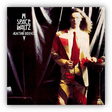 "Album cover for 'Space Waltz' by Alastair Riddell featuring a man in a colorful suit against a dark backdrop."