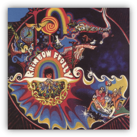 "Album cover of 'Rainbow Ffolly' featuring vibrant, psychedelic artwork and whimsical characters."