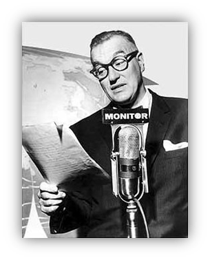 Vintage broadcaster reading news at a microphone with a globe in the background.