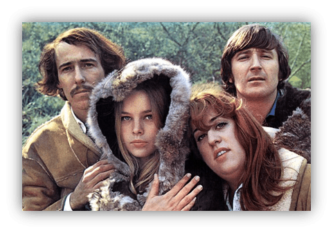 "Vintage group portrait of four musicians in fur coats, capturing a nostalgic 1960s vibe."