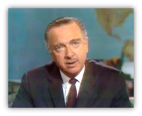"News anchor delivering a broadcast with a world map in the background."