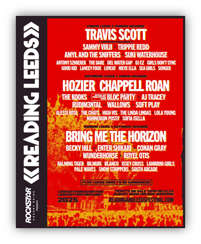 "Reading Leeds Festival 2025 lineup featuring Travis Scott, Hozier, Bring Me The Horizon, and more."