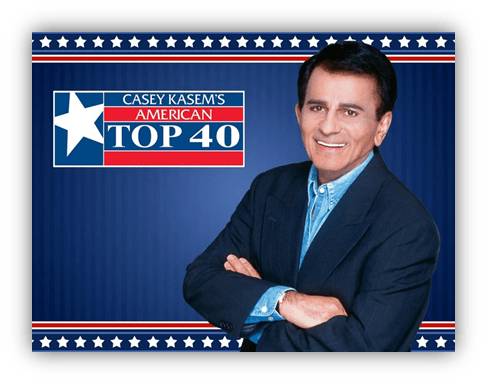 "Casey Kasem promoting American Top 40 with a blue background and patriotic stars."