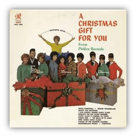 "Album cover for 'A Christmas Gift for You' featuring artists from Philles Records, surrounded by colorful gift boxes."