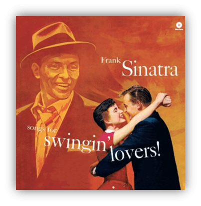 Alt text: "Album cover for Frank Sinatra's 'Songs for Swingin' Lovers!' featuring a romantic couple dancing with Sinatra's portrait in the background."