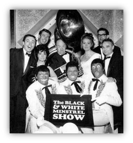 Black and White Minstrel Show cast posing with instruments, vintage photo.
