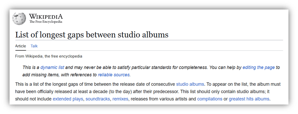 "Wikipedia article on longest gaps between studio album releases."