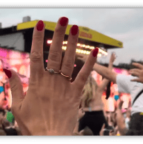 "Audience enjoying a live concert with raised hands and vibrant stage lights."