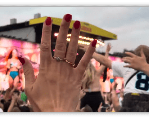 "Audience enjoying a live concert with raised hands and vibrant stage lights."