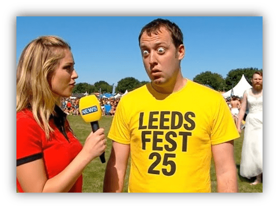 "Interview at Leeds Festival 25 with surprised attendee in yellow shirt."