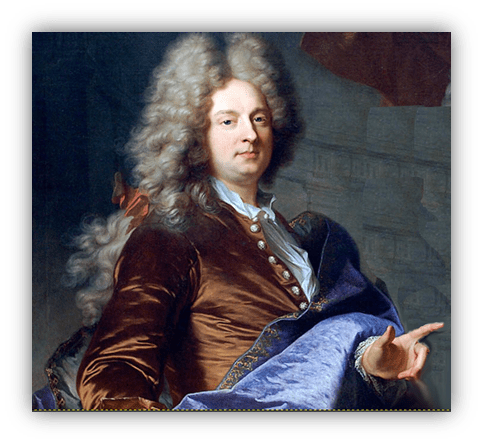 Portrait of a man in 18th-century attire with curly hair and a velvet coat.