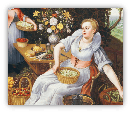 "Renaissance woman preparing vegetables in a garden setting, surrounded by baskets of produce and floral arrangements."