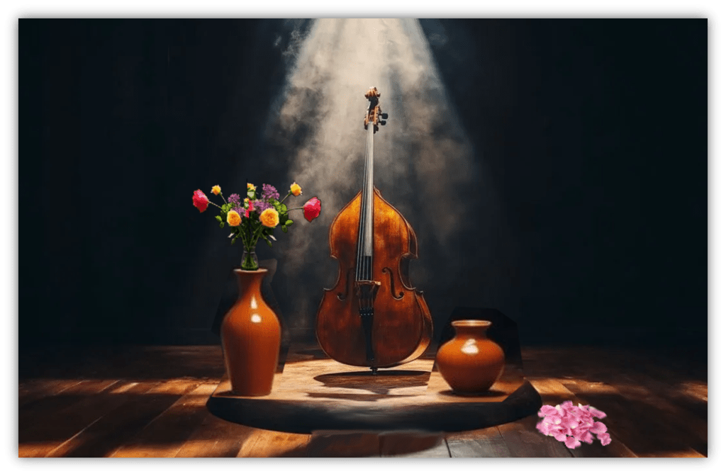 "Elegant wooden cello illuminated on stage with vibrant flower arrangements in vases."