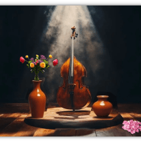 "Elegant wooden cello illuminated on stage with vibrant flower arrangements in vases."