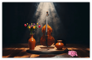 "Elegant wooden cello illuminated on stage with vibrant flower arrangements in vases."