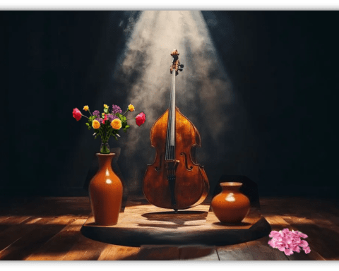 "Elegant wooden cello illuminated on stage with vibrant flower arrangements in vases."