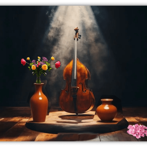"Elegant wooden cello illuminated on stage with vibrant flower arrangements in vases."