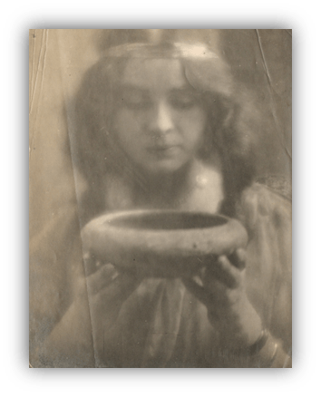 "Vintage portrait of a woman holding a pottery bowl."