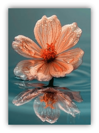 "Delicate peach flower with water droplets, reflecting in calm water."