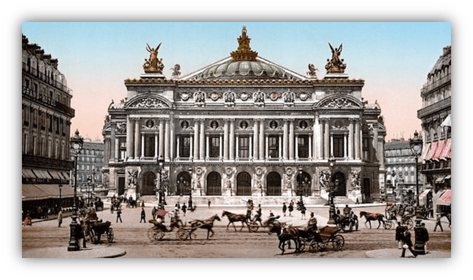 "Historic Palais Garnier opera house in Paris, featuring ornate architecture and bustling street activity."