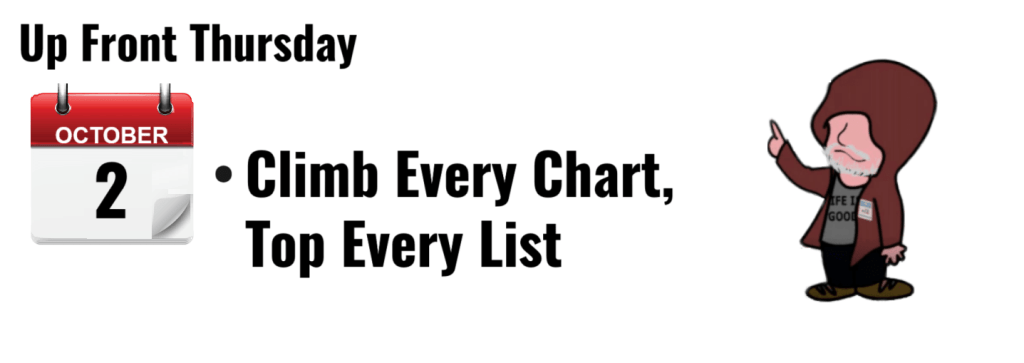 "October 2 calendar with 'Climb Every Chart, Top Every List' text and cartoon character."