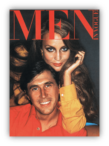 "Vintage Vogue magazine cover featuring a couple, highlighting men's fashion."