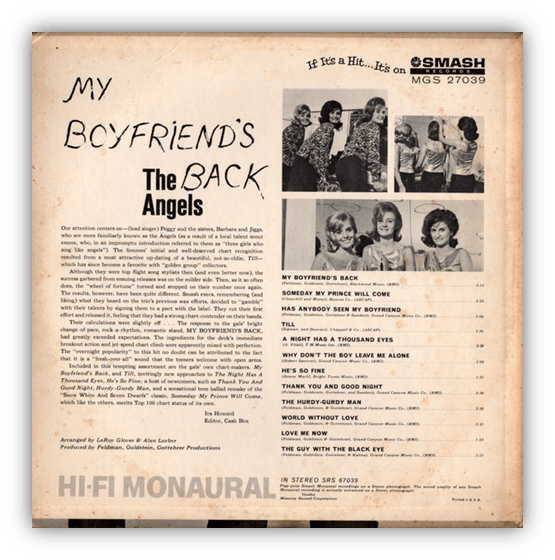 Alt text: "Back cover of 'My Boyfriend's Back' album by The Angels featuring tracklist and promotional details."