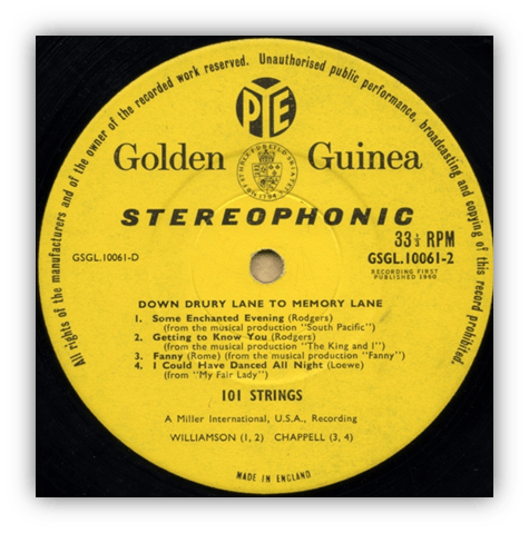 "Vintage 101 Strings LP record label featuring 'Down Drury Lane to Memory Lane' with tracklist and production details."